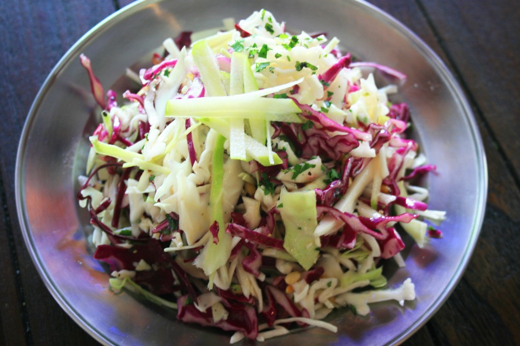 Cabbage salad: red and white cabbage leaves; pine nuts; cucumber; shredded apple; and a French vinegarette