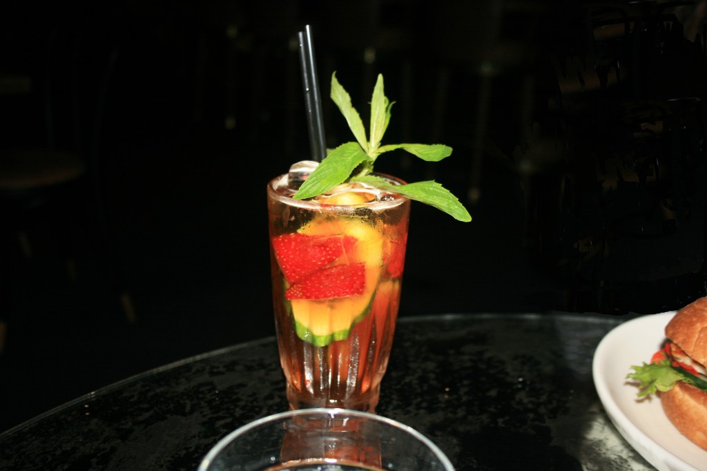 A Pimms No.1: Pimms, strawberries, orange, cucumbber, mint, topped with ginger ale 