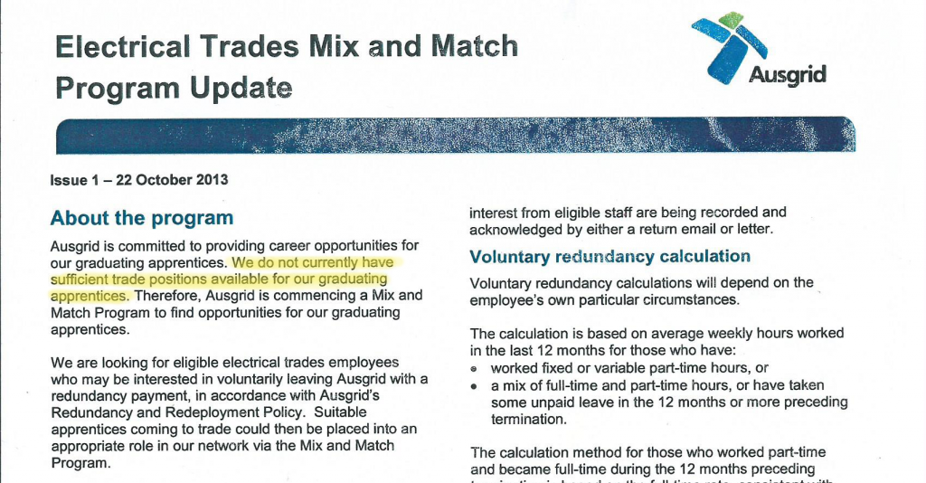 Ausgrid's admits to opportunity shortages for trained apprentices.