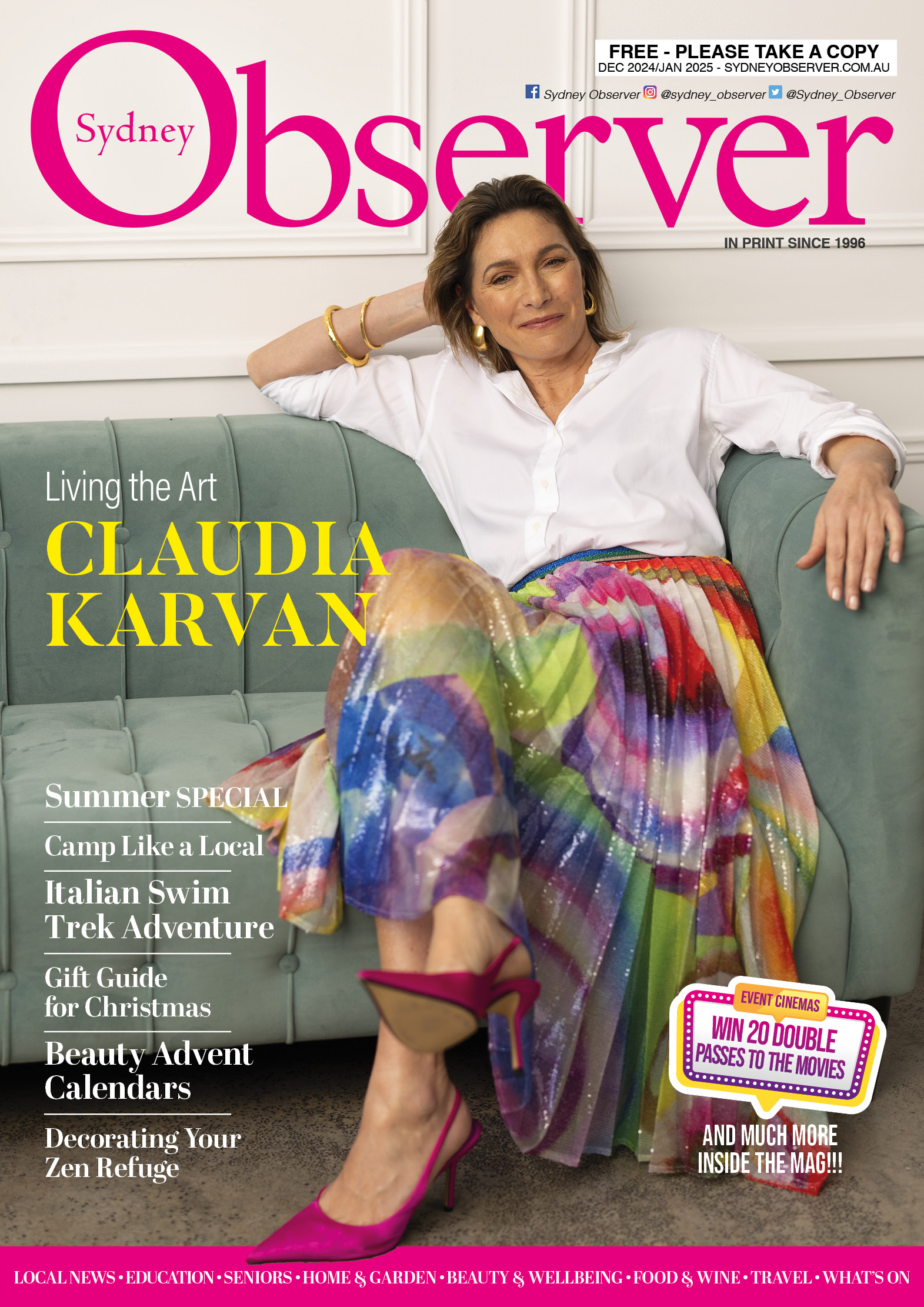 Dec 2024/Jan 2025 issue of Sydney Observer, with actress Claudia Karvan on the cover.