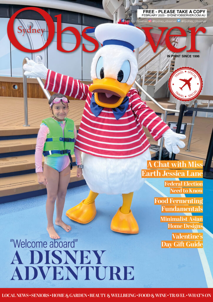 Sydney Observer February2025 issue, with Donald Duck and the young Chiara during the Disney Cruise.