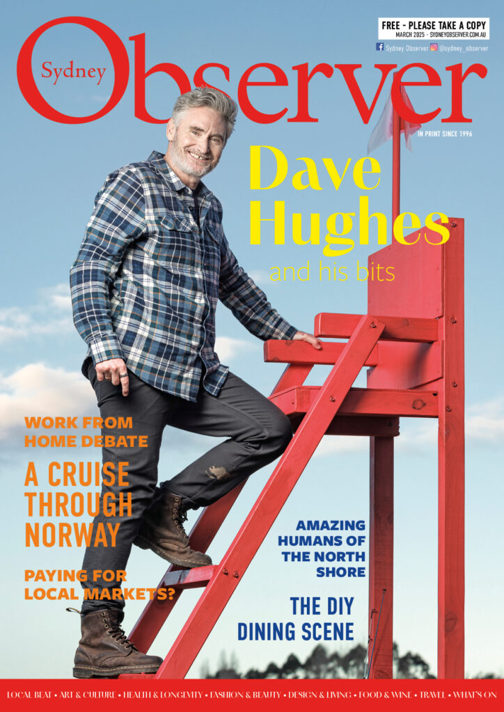 Sydney Observer, March issue, with the Taskmaster Dave Hughes on the cover. He is on a red life saver stair.